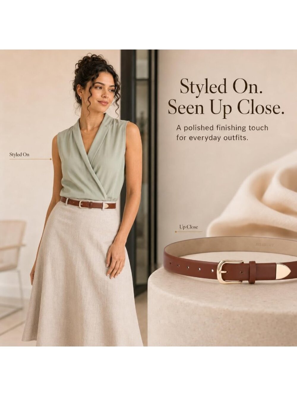 Women Tan Leather Dress Belt For Pants Jeans Fashion With Classic Gold Buckle - Picture 2 of 6